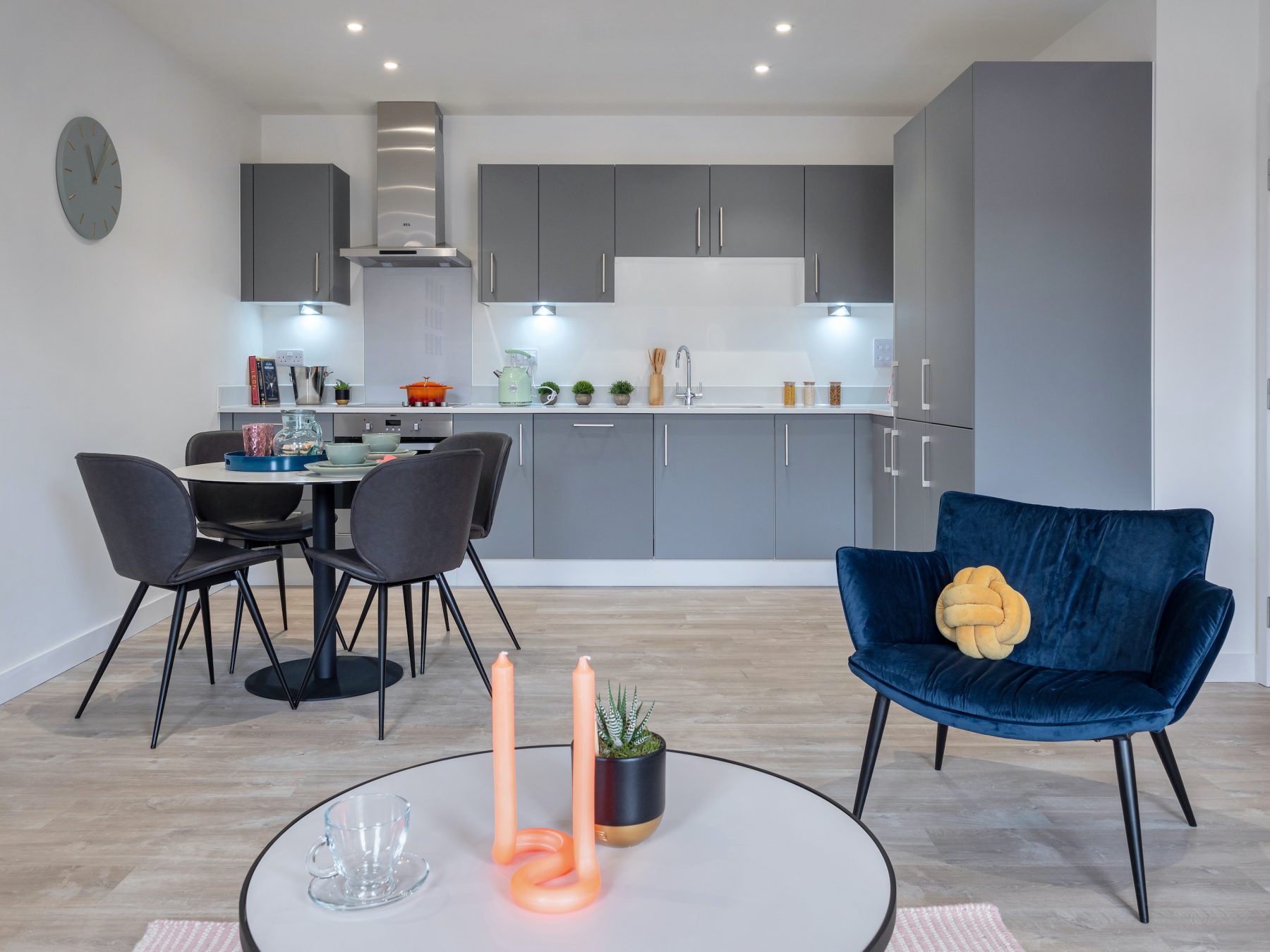 Funky living room and kitchen setting at stylish London build to rent apartment
